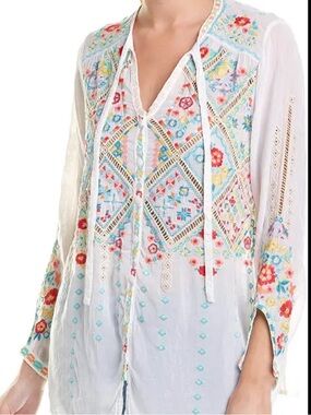 Embroidered White Boho Peasant Top with Colorful Floral Detail Johnny Was Small